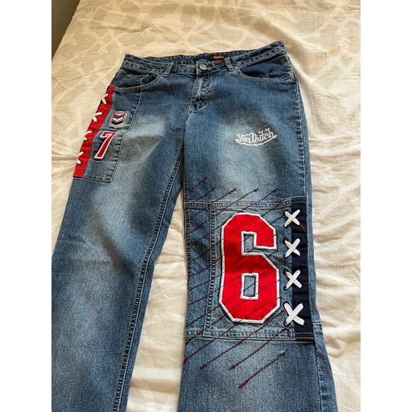 Von Dutch vintage y2k embroidered number logo patches jeans women’s 6/juniors 9 - Picture 3 of 13